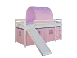 Cama Alta Infantil Con Somier Tobogán Túnel Y Cortina Modelo Rosa 90x200 Cm Lit06187
