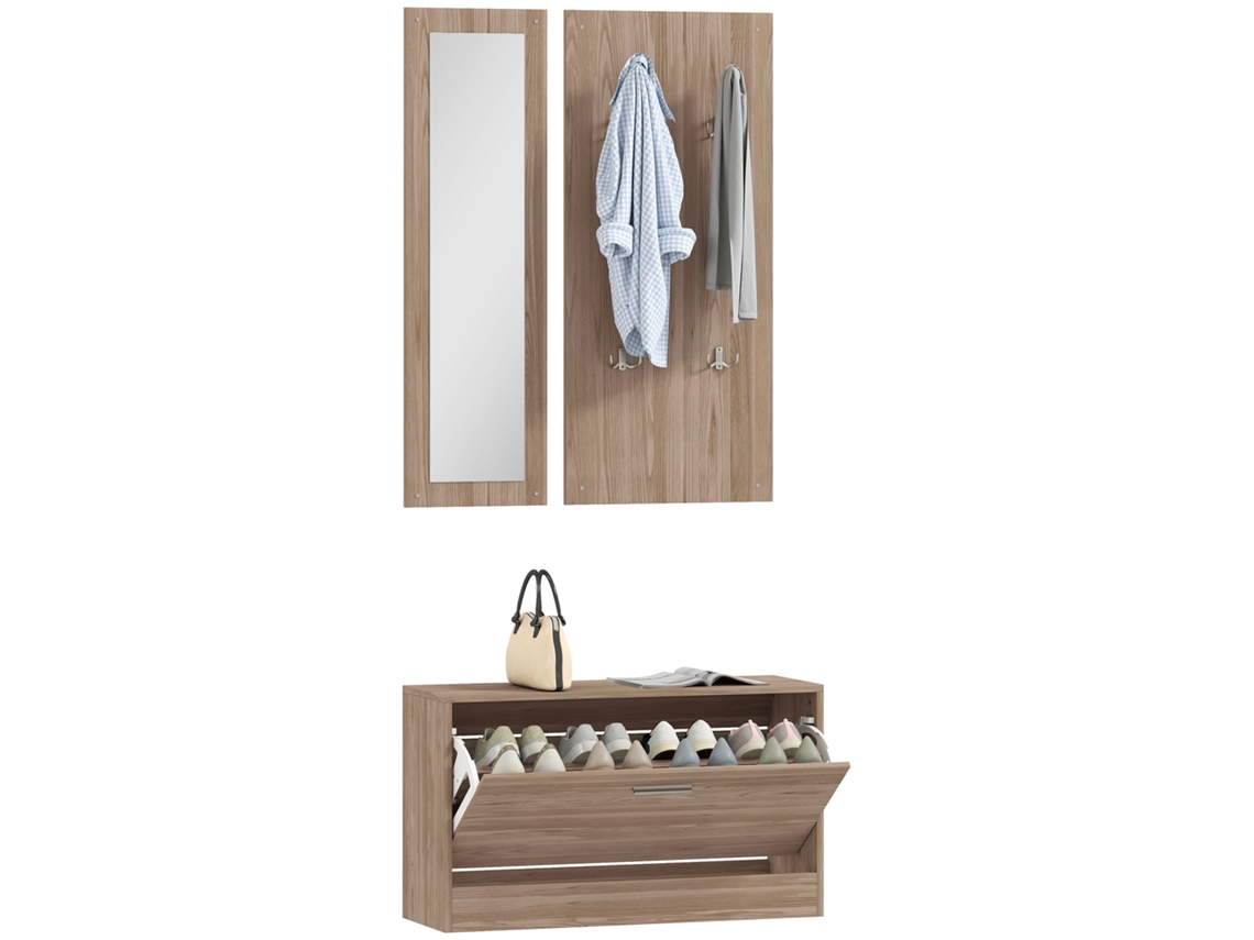 Conjunto de 3 piezas de mobiliario para recibidor con banco para zapatos, perchero y espejo, de madera para dormitorio, 80x27x46,5 cm, marrón oscuro.