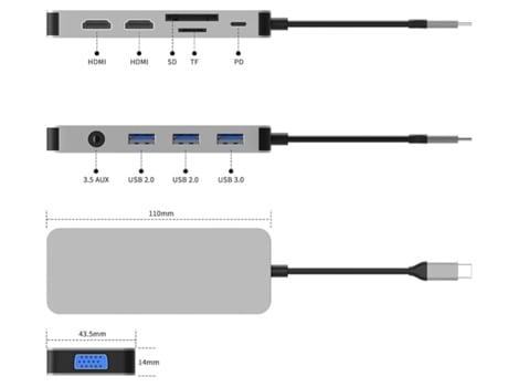Adaptador De Monitor Triple 10 En 1 4K Dual Hdmi 1080P Vga 3 Usb3.0/2.0 Tf/Sd 2.0 Audio 3 5 Mm 100 W Pd Compatible con Macbook Hp