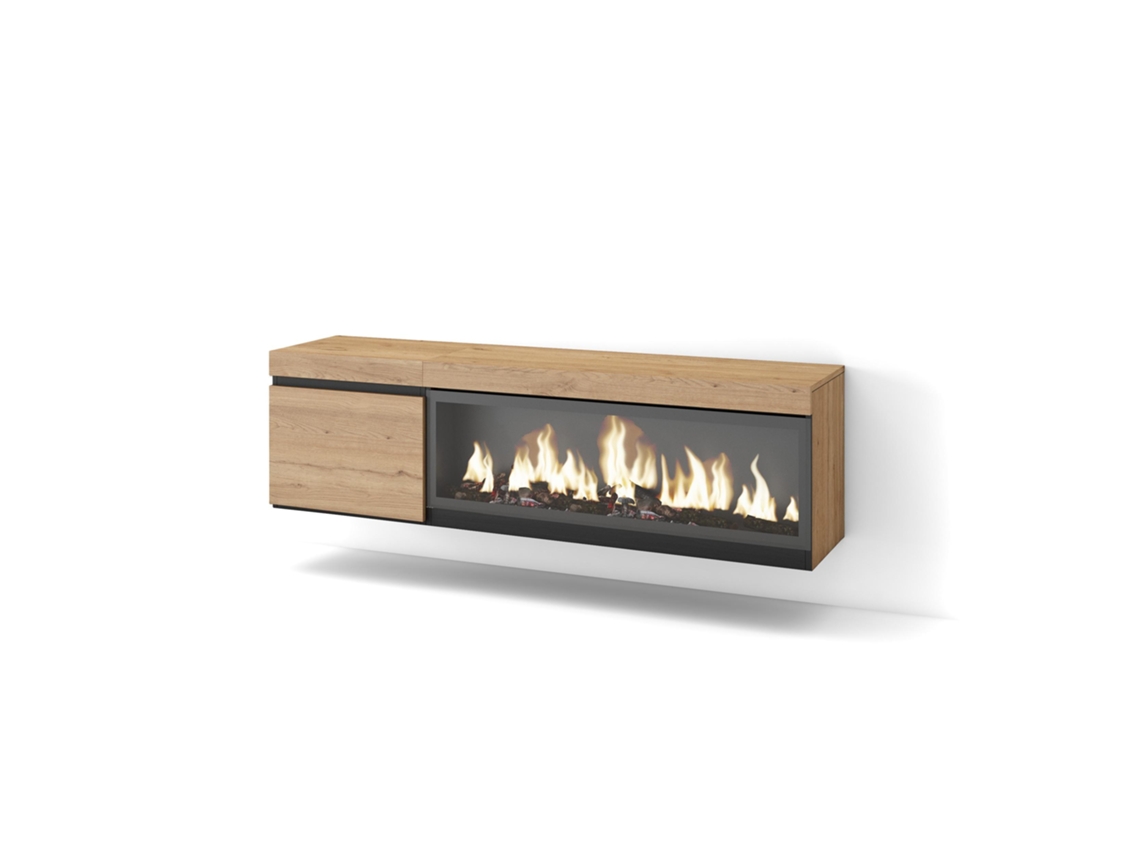Mueble TV, Televisión, 160, Para TV hasta 65, Chimenea eléctrica XXL, Colgado, Suspendido, Roble SKRAUT HOME