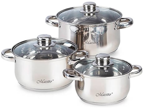 Batería de Cocina Acero Inoxidable, 6 Piezas, Inducción, Tapas Cristal, MAESTRO Todo Tipo de Cocinas