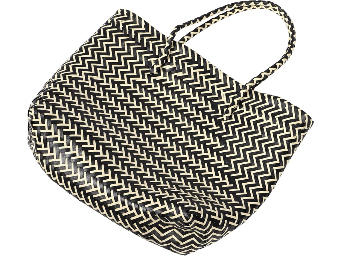 Cesta Grande Tejida A Mano Con Rayas Negras, Bolsa De Compras Multifuncional De Mimbre Natural.