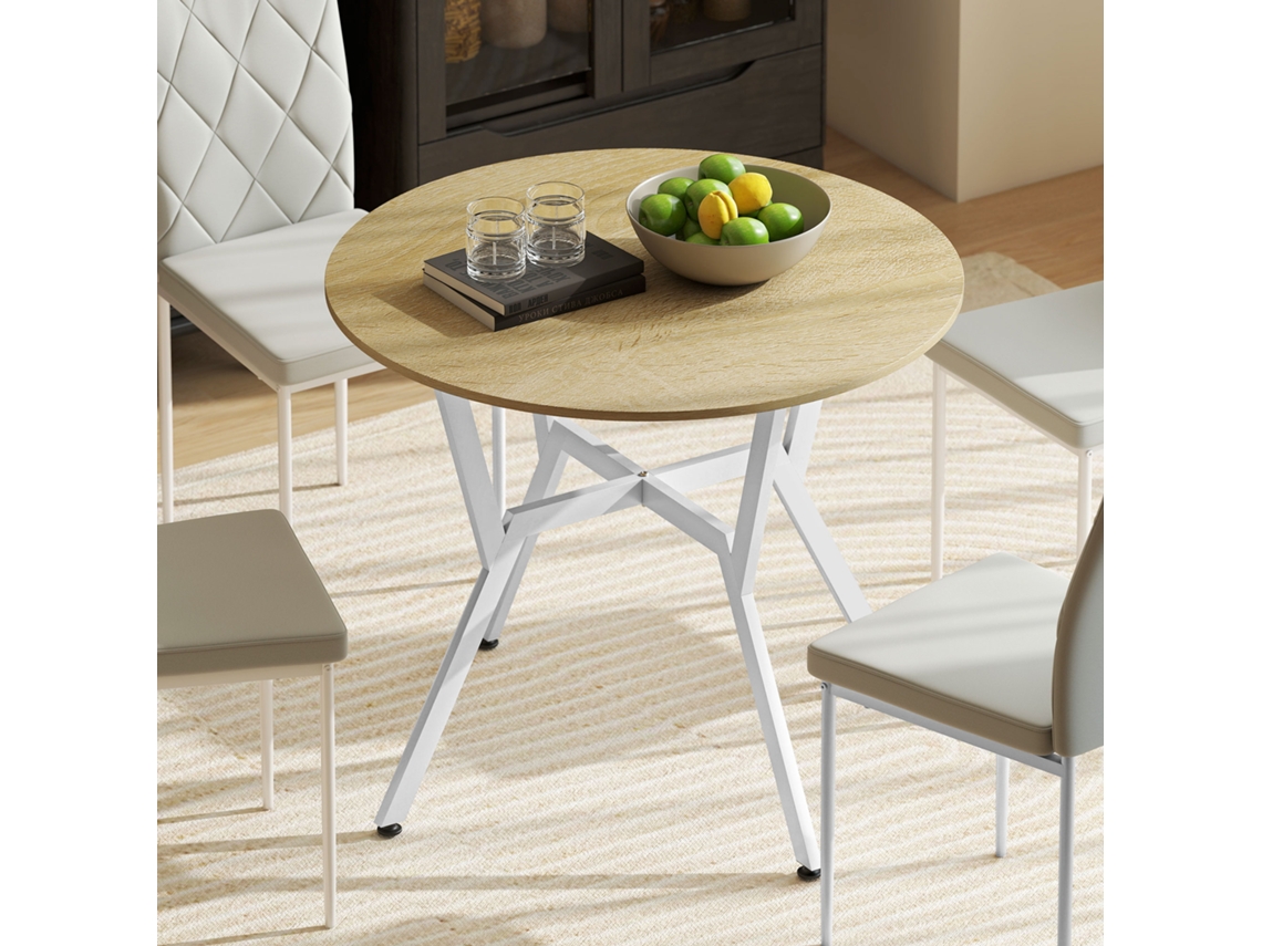 Mesa de comedor redonda para 2 personas, mesa de cocina de estilo industrial con patas de acero curvadas, 90x90x76 cm, color natural y blanco.