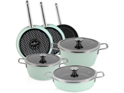 Batería Cocina Inducción 9 Piezas, Antiadherente Libre Pfoa Exterior Verde Menta Retro Vintage Magefesa Nordic Verde