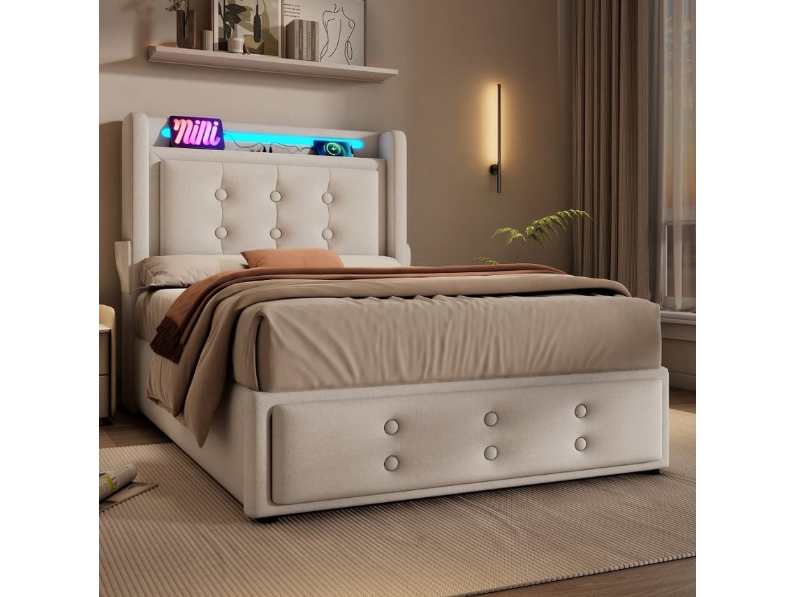 Cama Individual Tapizada 90x200 - Cabecero Led, Carga Usb C, Hidráulica, Estructura Madera Y Metal - Beige