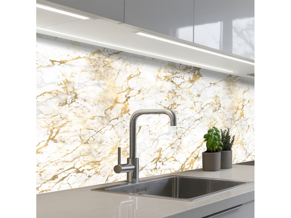 Salpicaderos De Cocina Salpicaduras Doradas - Blanco - Mármol 150x60 Cm