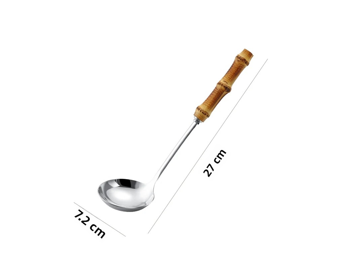 (cuchara Sopera Plateada Tamaño L) Cuchara Para Pasta De Acero Inoxidable 304 Con Mango De Bambú, Práctica Cuchara Sopera