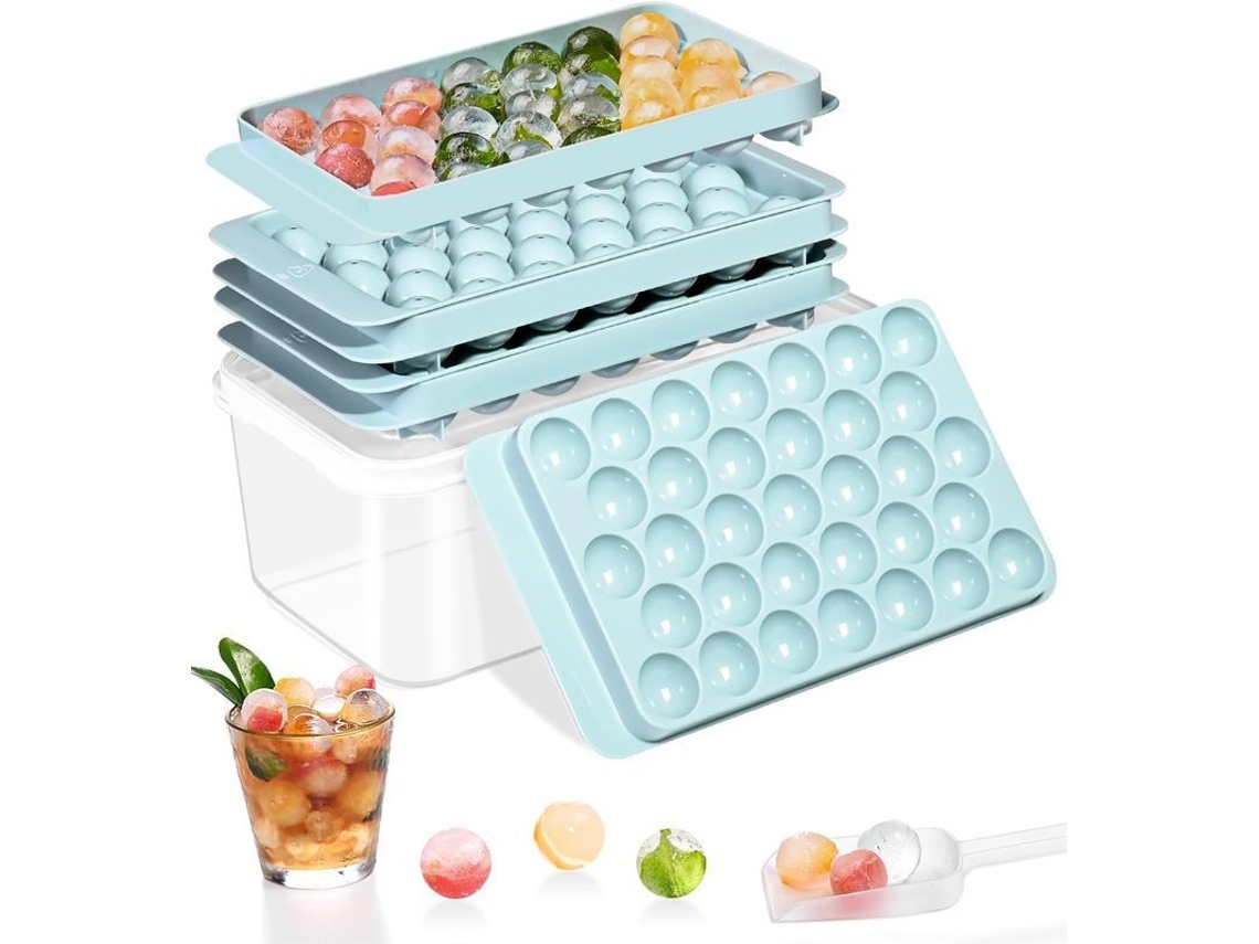 Conjunto De Moldes De Hielo Redondo Apilable Con Tapa Y Bandeja Hace 99 Pelotas Para Bebidas Café Y Cocktails