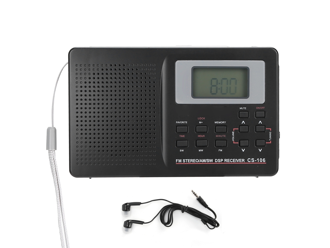 Rádio Cs-106 Mini Receptor De Banda Completa Fm/am/sw/mw Com Relógio Digital E Fone De Ouvido Portátil