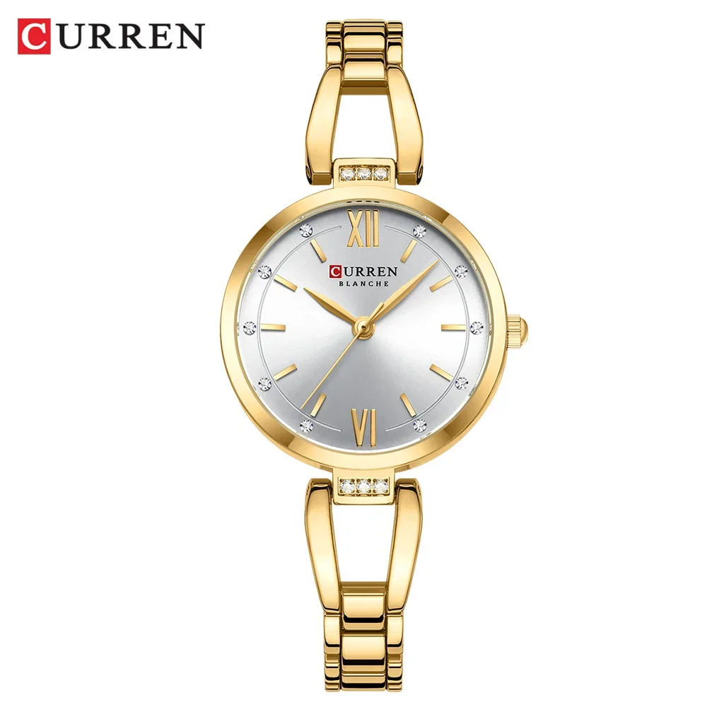 Reloj De Señora (dorado Y Blanco), Engastado Con Brillantes Diamantes De Imitación, Correa Sencilla De Acero Inoxidable.