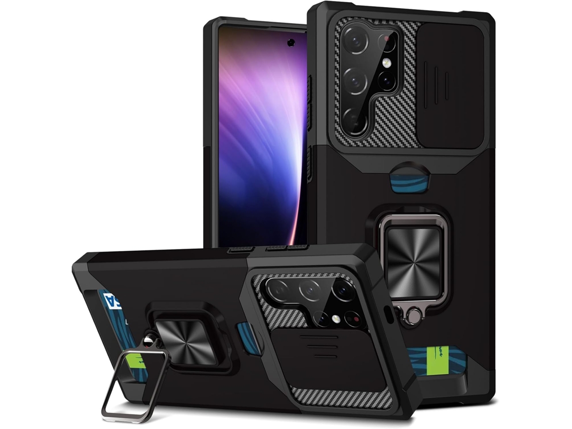 Funda para Samsung Galaxy S24 Fe con cerradura RFID, ranura para tarjetas, protección para la cámara, soporte para anillo y cierre magnético, color negro. Viewleaf