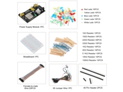 Kit electrónico 2026as-kit para Arduino y Raspberry Pi con placa de pruebas, resistencias, condensadores, LED y potenciómetro.