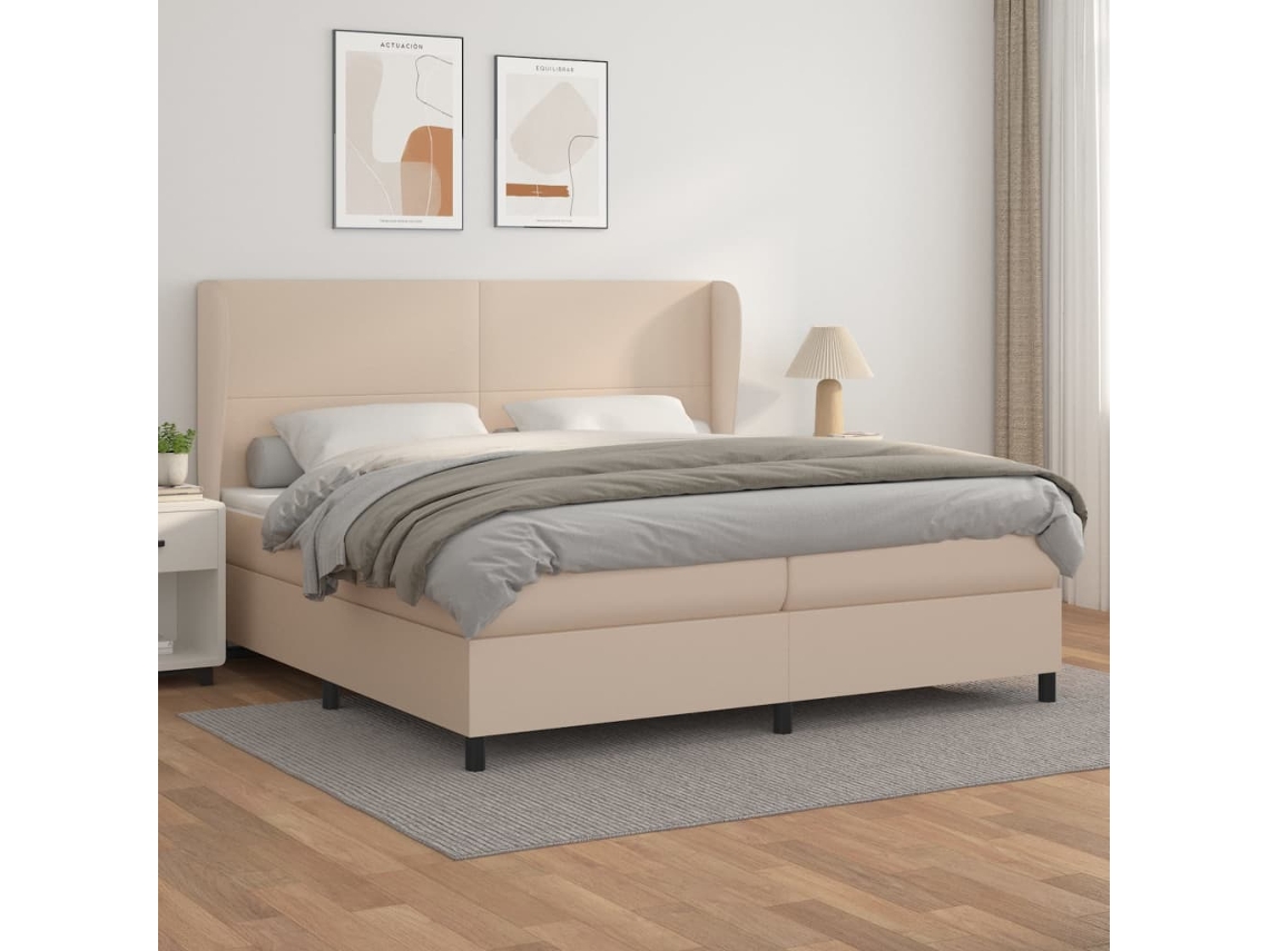 Cama Box Spring Con Colchón Cuero Sintético Capuchino 200x200cm