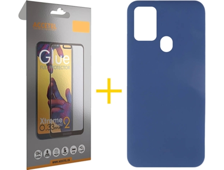 Funda y Protector de Vidrio Full Samsung Galaxy A21s ACCETEL Silicona Líquida Azul