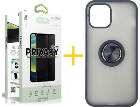 Kit Carcasa y Protector Cristal 1X Privacy Iphone 12 Pro Max Accetel Gel Bumper Negro