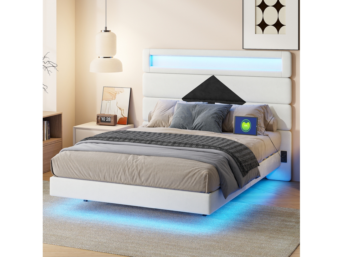 Cama Doble 140 X 190 Cm, Cama Tapizada Con Led, Cabecero Ajustable Con Usb, Para Adolescentes Y Adultos, Terciopelo Beige