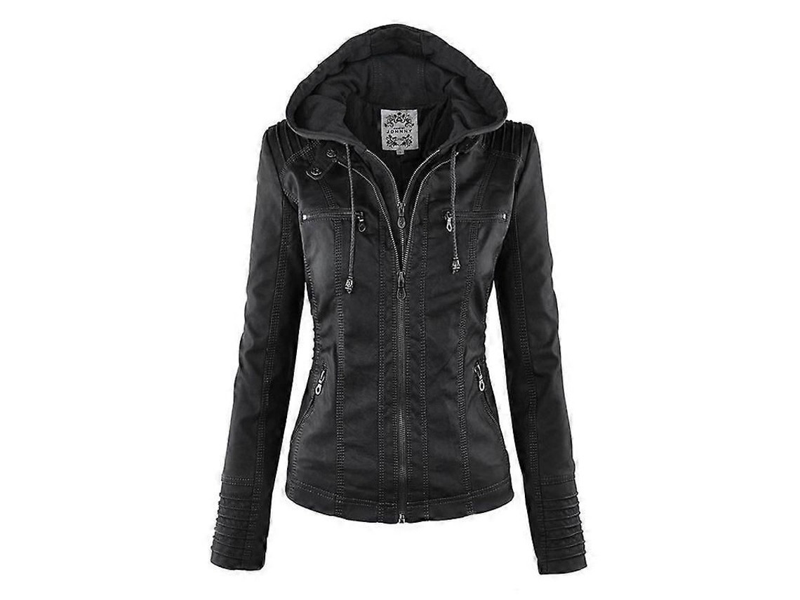 Chaqueta De Cuero Falso Para Mujer Con Capucha Invierno Otoño Moto Negro Talla Xs-7xl Hx07022