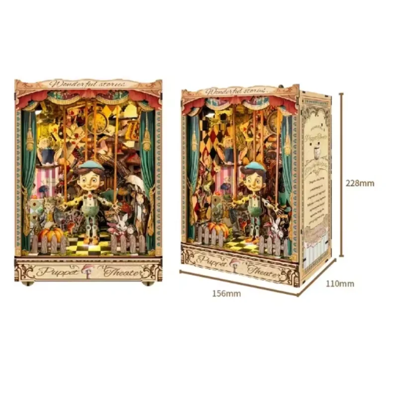 Hazlo tú mismo: Escenario de marionetas retro para casa de muñecas, sujetalibros de madera 3D con llave oculta MDUG (Estilo 1)