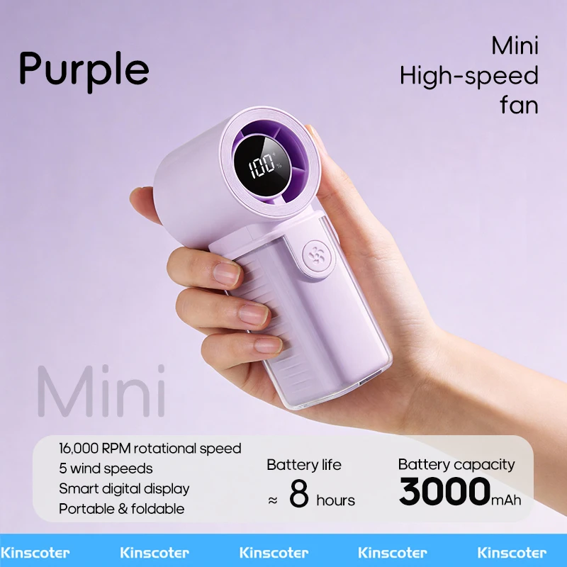 Mini Ventilador De Alta Velocidad (morado) De 3000 Mah, 5 Ajustes De Velocidad Del Viento, Pantalla Led.