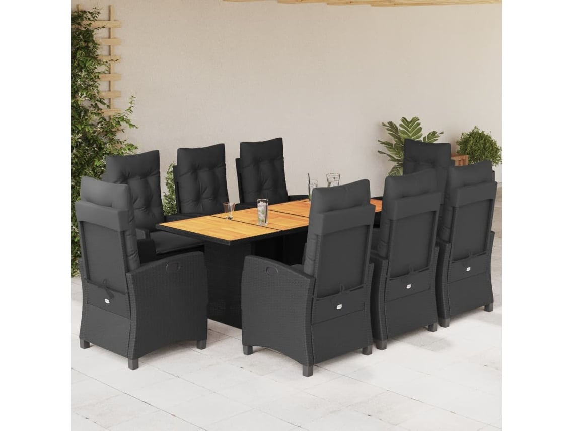 Juego de comedor de jardín de 9 piezas con cojines, mimbre sintético negro, DKD Home Decor