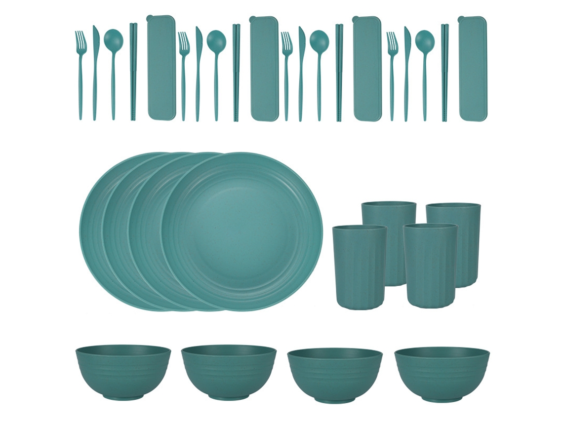 Juego de cubiertos de paja de trigo de 32 piezas, platos y cuencos reutilizables, verde Digitallab