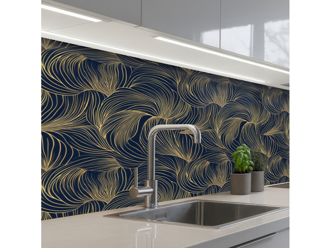 Paneles abstractos para salpicadero de cocina - Líneas - Azul - Dorado 150x60 cm