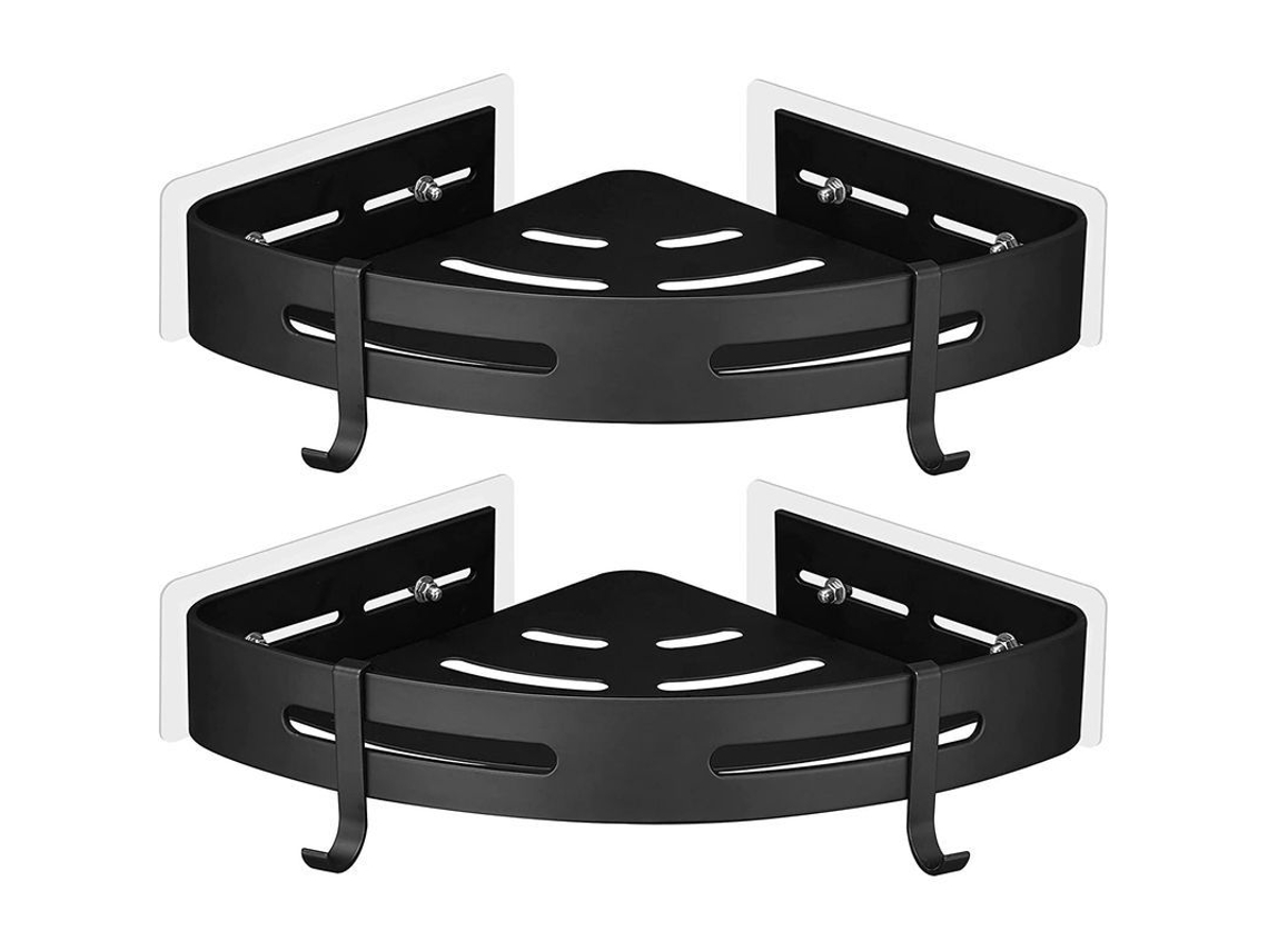 Estante Esquinero Para Ducha, De Metal, No Requiere Perforación, Con 2 Ganchos, 2 Piezas (negro)