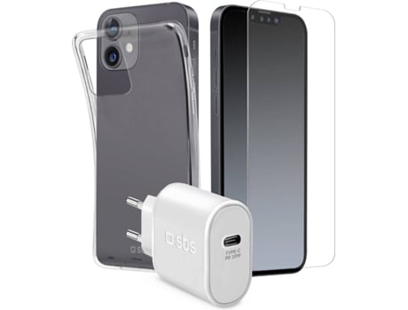 Kit Carcasa, Protector y Cargador iPhone13 SBS Blanco y Transparente