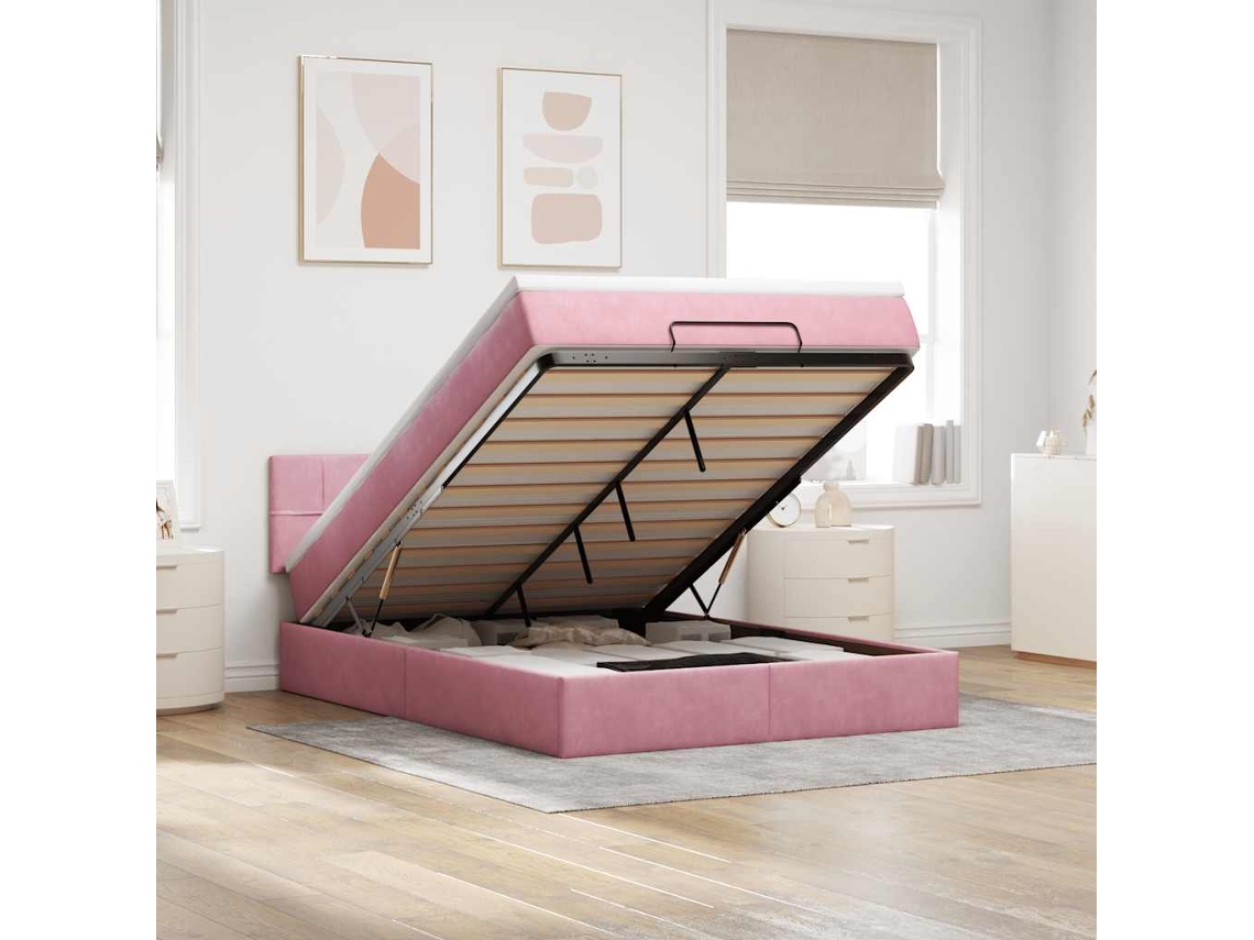 Estructura Cama Otomana Colchón Terciopelo Rosa 140x200cm