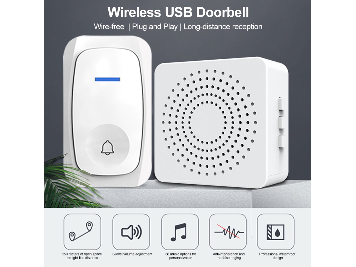 Campainha Sem Fio À Prova D'água Com 38 Melodias E Volume Ajustável Para Casa Usb Plug And Play