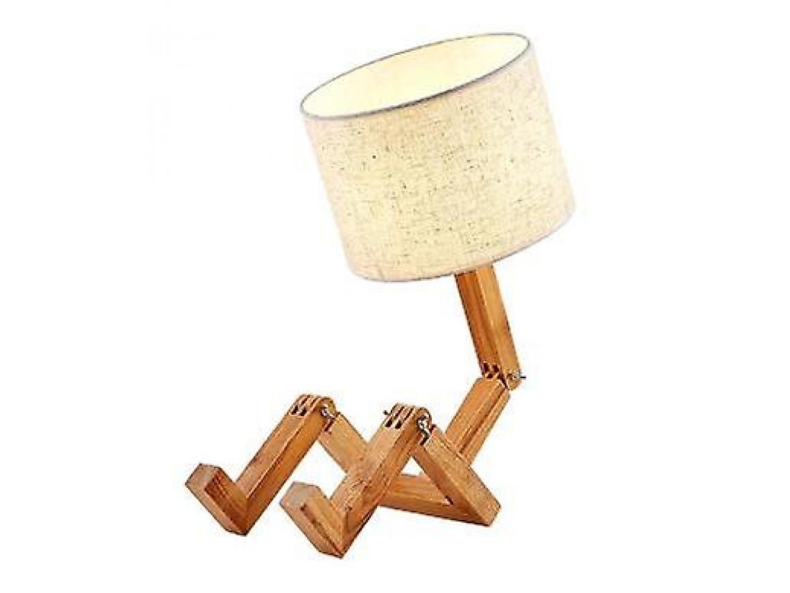 Nueva lámpara de mesa plegable con forma de Robot de madera creativa, dormitorio, escritorio, cama, lámpara de lino luminosa, bombilla de 5W (blanco cálido)