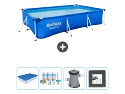 Piscina BESTWAY Rectangular Steel Pro - 300 x 201 x 66 cm - Azul - Incluida Cubrir - Paquete de mantenimiento - Bomba - Baldosas