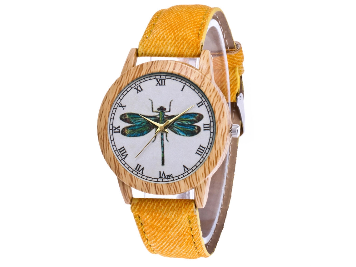 Reloj De Pareja Zhoulianfa Con Estampado De Libélulas En Aleación Y Correa De Lona Amarilla.