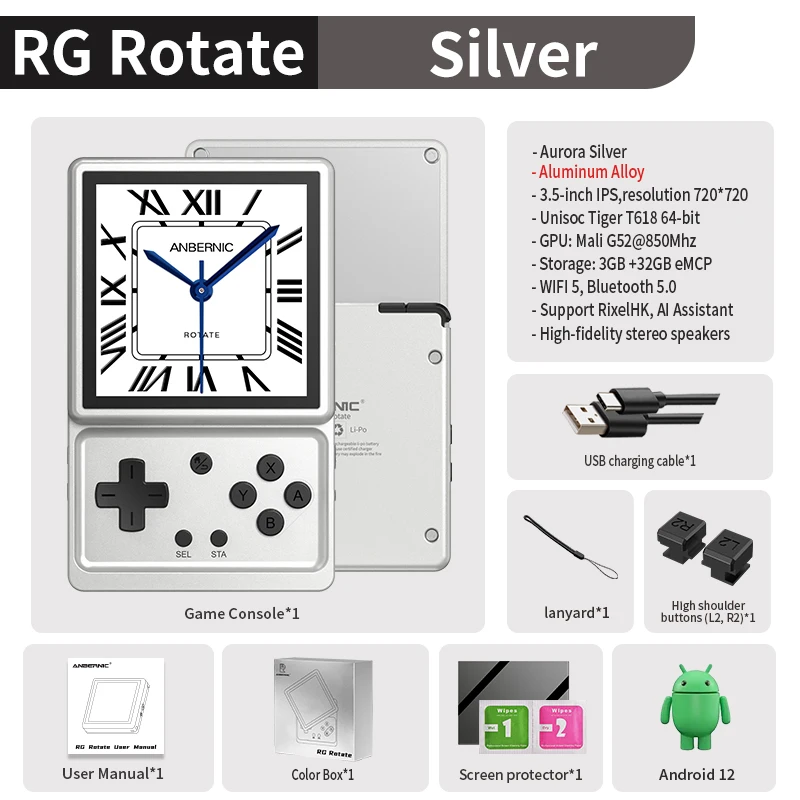 128 Gb (juegos 4k) aurora Silver rg Consola De Juegos Giratoria Pantalla Giratoria Ips De 3,5" Reproductor De Juegos De Aleación Con Ia