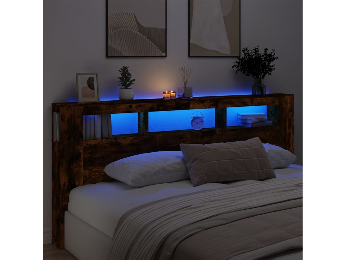 Cabecero Led Madera Ingeniería Roble Ahumado 220x18,5x103,5 Cm