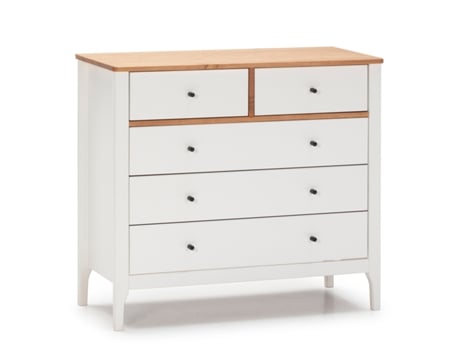 Cómoda de Noche Luca 5 cajones Blanco, Madera Maciza, 90 x 40 x 82 cm