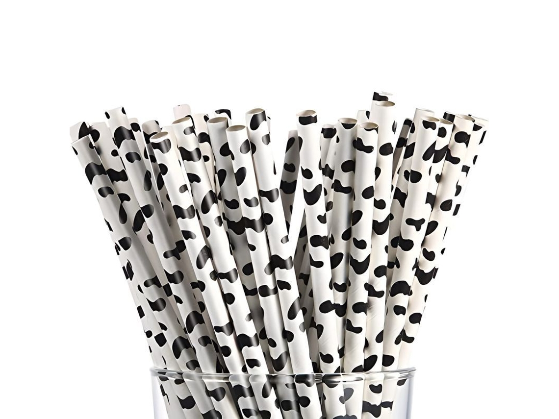 100 Pajitas De Papel Biodegradables Con Estampado De Vaca Para Fiestas Y Bodas, 7.75" De Largo, Resistentes Y Ecológicas