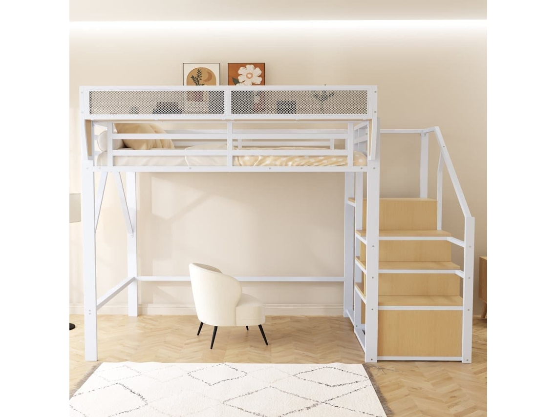 Cama Alta 140x200 - Con Escalera De Seguridad Y Compartimiento De Almacenamiento Flexible - Blanco