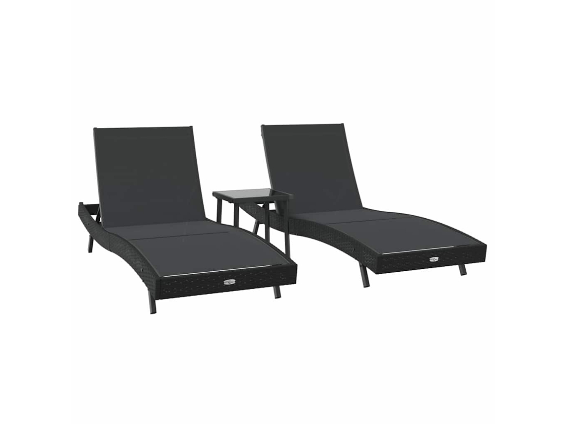 Conjunto de 3 chaise longues negros, 197 x 70 x 82 cm, mimbre, EXCLUSIVO DE LA CASA