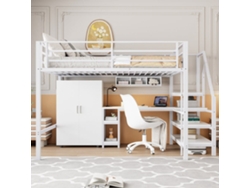 Cama Alta De Metal De 140x200 Cm - Con Escritorio, Armario Y Escalera De Almacenaje - Blanco