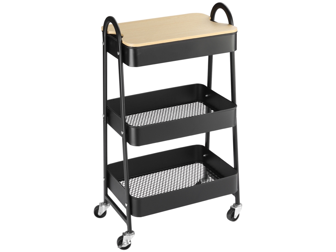 Carrinho Cozinha 3 Cestos Aço 1 Tampa Preto 45x31x79,4
