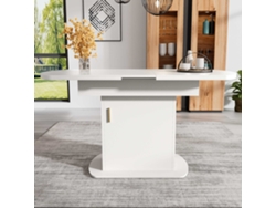Mesa de comedor extensible de 110/130 x 70 x 75 cm con espacio de almacenaje, diseño moderno, minimalista, color blanco y asas doradas.
