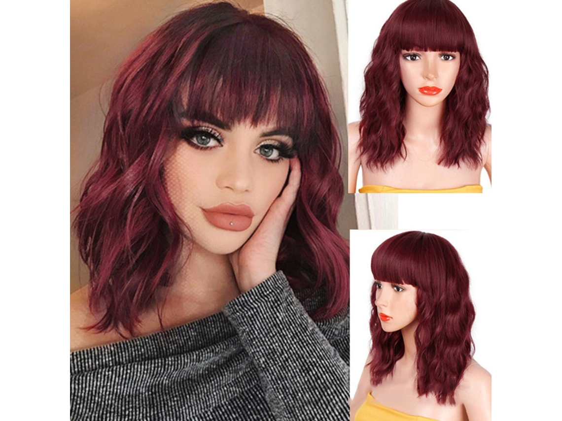Peluca Bob Corta Rizos Con Flequillo Onda Pelo Sintético Resistente Al Calor De Longitud Hombro Natural Para Mujeres