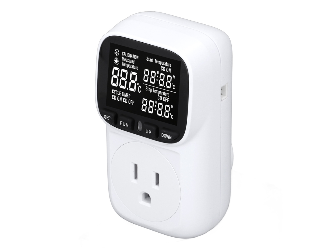 Enchufe termostático digital con temporizador de cuenta regresiva iluminado.