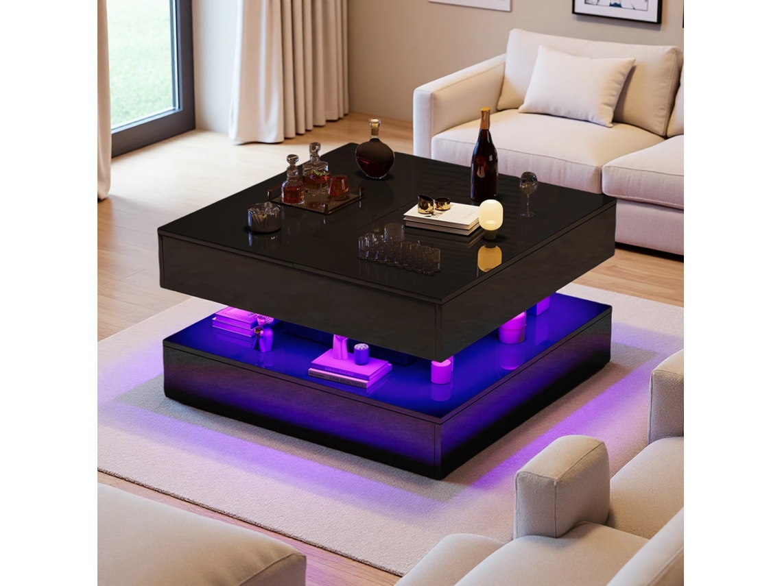Mesa de Centro Cuadrada Negra Brillante, Diseño Moderno 78x78x43cm, LED RGB con App y Mando, 2 Cajones Presión, Almacenamiento Práctico