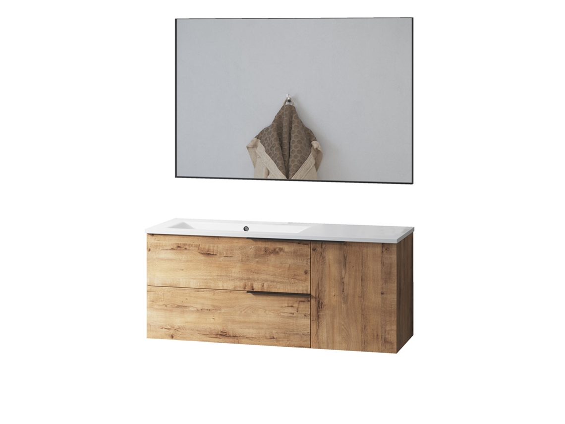 Mueble de Baño con Lavabo, Espejo y Luz Led Tribu 100x45 Cm Acabado Roble Ostippo Mate 2 Cajones Suspendido Kibath