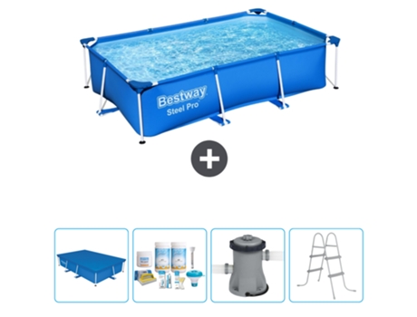 Piscina BESTWAY Rectangular Steel Pro - 259 x 170 x 61 cm - Azul - Incluida Cubrir - Paquete de mantenimiento - Bomba - Escalera