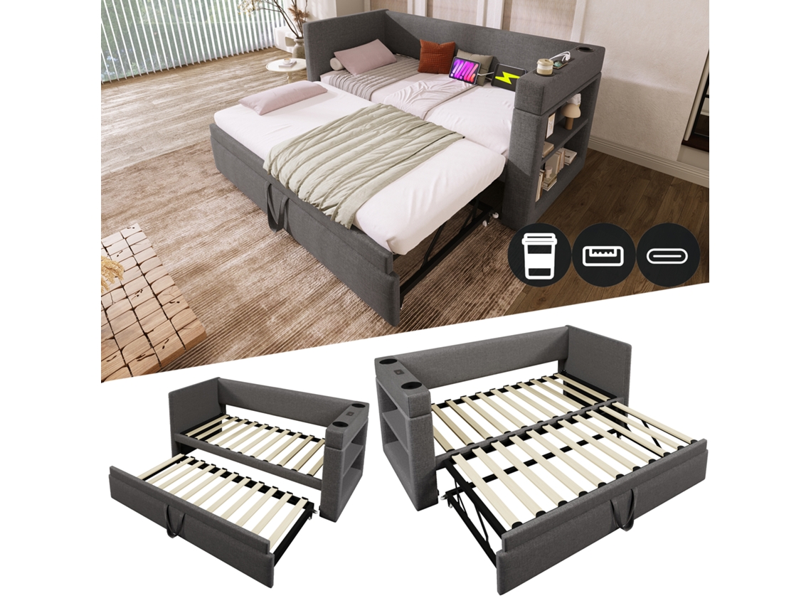 Sofá Cama De 90x190 Cm Con Portavasos Usb-c Retráctil, Color Gris.
