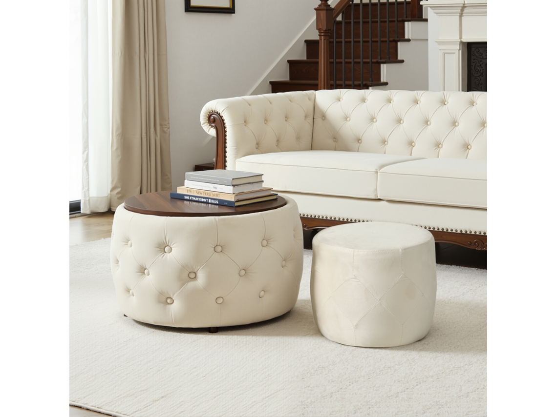 2 Taburetes Apilables De Terciopelo, Estante De Almacenamiento 4 En 1, Color Beige, 58x58x38cm