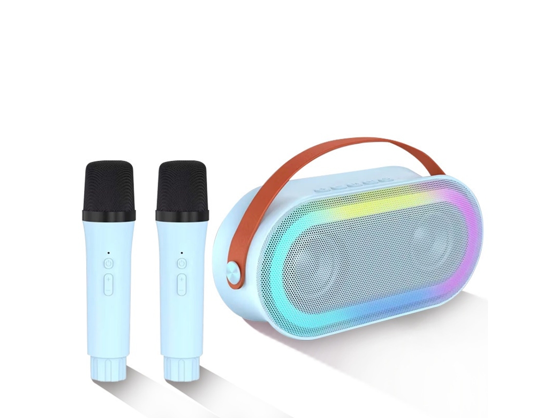 Mini máquina de karaoke con 2 micrófonos inalámbricos, altavoz Bluetooth portátil con bajos estéreo y luz LED para niñas y niños de 4 a 6 años.